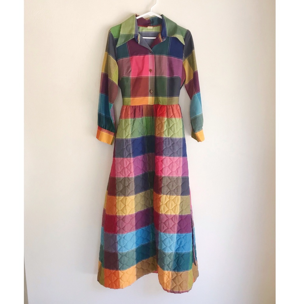 Vintage Rainbow Patchwork Long Sleeve Dress